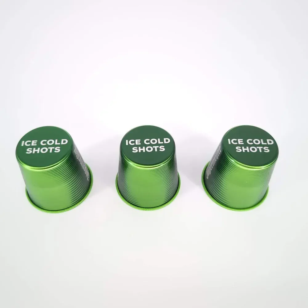 Three Green Jägermeister Color Changing Reusable Aluminum 1 oz Shot Glasses NWOT